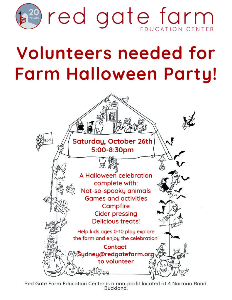 Volunteer flyer for Red Gate Farm event